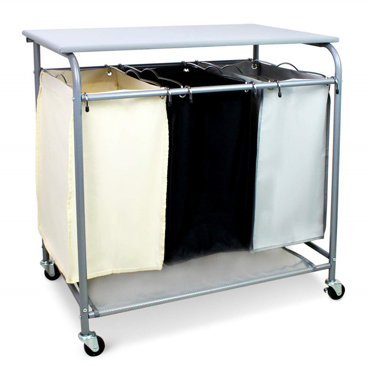 SWU Laundry Sorter 3 Section With Ironing Board, Laundry Hamper Sorter Cart With HeavyDuty